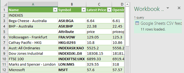Excel formula for stock quotes